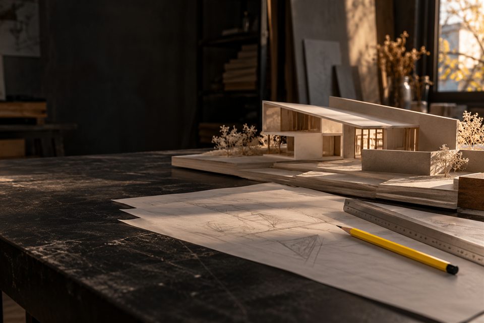 Illustrative architectural model and drawings on a worktable.