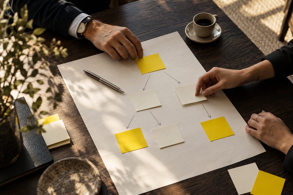 Illustrative strategy session with colleagues arranging ideas on paper.